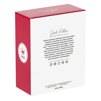 Dad and Me Snow Globe 2026 Photo Frame — 2026 Hallmark Keepsake Christmas Ornament packaging view, featuring red box and artist details
