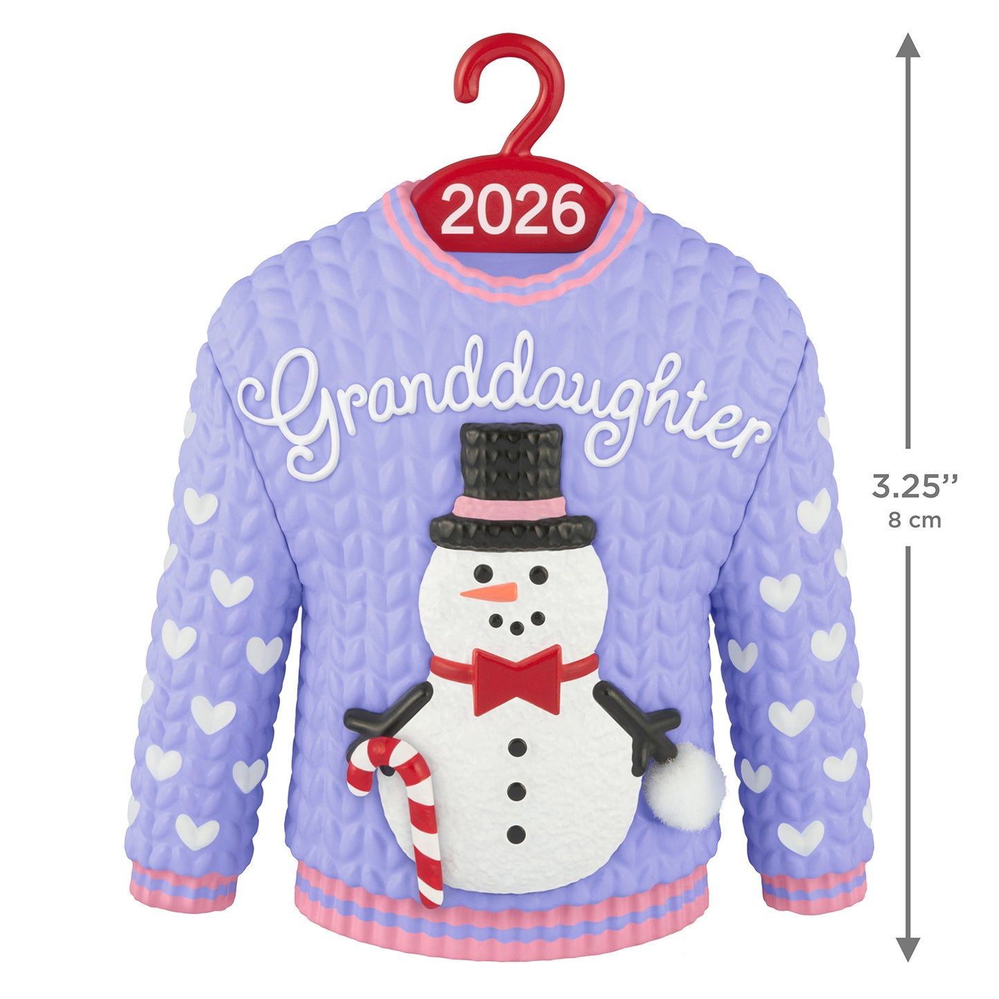 Granddaughter Snowman Sweater 2026 — 2026 Hallmark Keepsake Christmas Ornament in purple with snowman detail, showing heart patterns and hook.