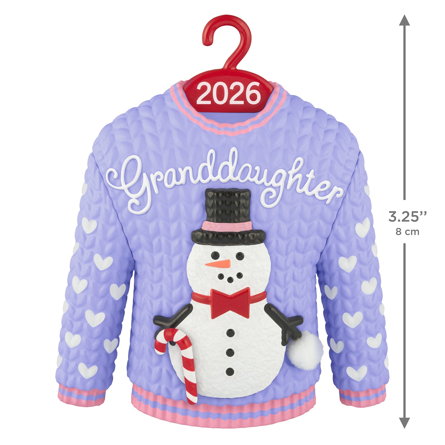 Granddaughter Snowman Sweater 2026 — 2026 Hallmark Keepsake Christmas Ornament in purple with snowman detail, showing heart patterns and hook.