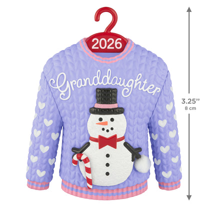 Granddaughter Snowman Sweater 2026 — 2026 Hallmark Keepsake Christmas Ornament in purple with snowman detail, showing heart patterns and hook.