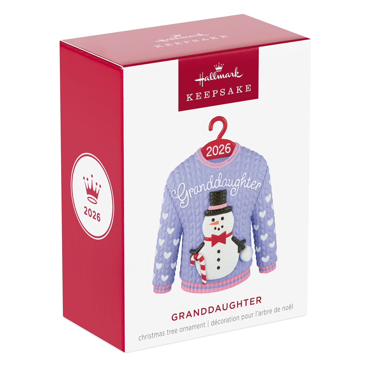 Granddaughter Snowman Sweater 2026 — 2026 Hallmark Keepsake Christmas Ornament in gift box, featuring a purple sweater and dapper snowman design