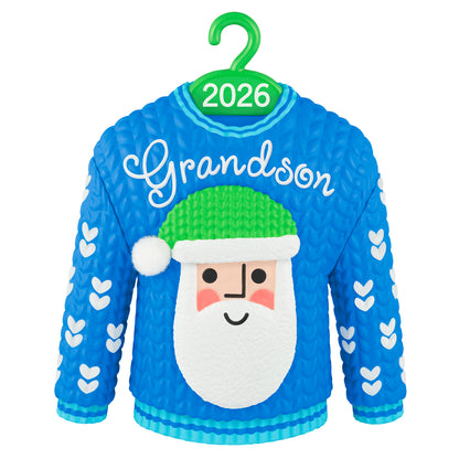 Grandson Santa Sweater 2026 — 2026 Hallmark Keepsake Christmas Ornament with blue colour, white hearts and Santa face detail.