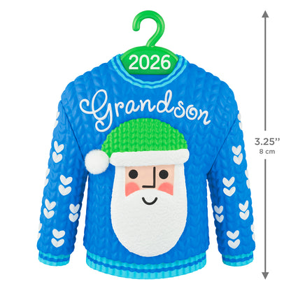 Grandson Santa Sweater 2026 — 2026 Hallmark Keepsake Christmas Ornament, blue design with a Santa face and hearts, flat lay view.