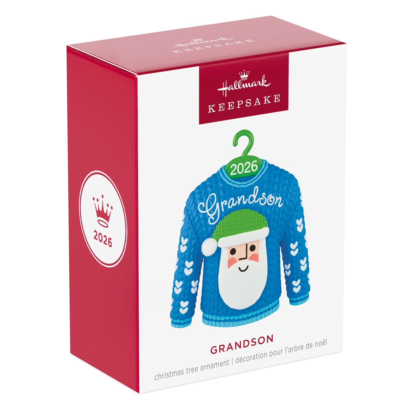 Grandson Santa Sweater 2026 — 2026 Hallmark Keepsake Christmas Ornament packaging box showing festive design and vibrant colours.