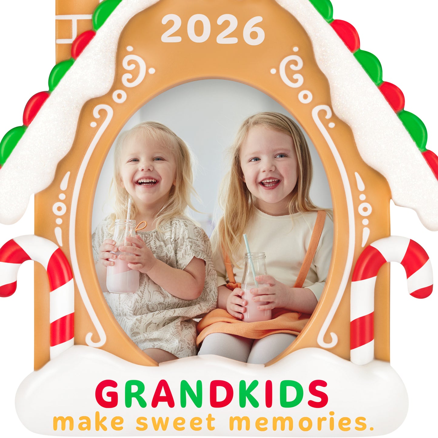 Sweet Grandkids 2026 Photo Frame — 2026 Hallmark Keepsake Christmas Ornament, featuring two girls with drinks in gingerbread house design.