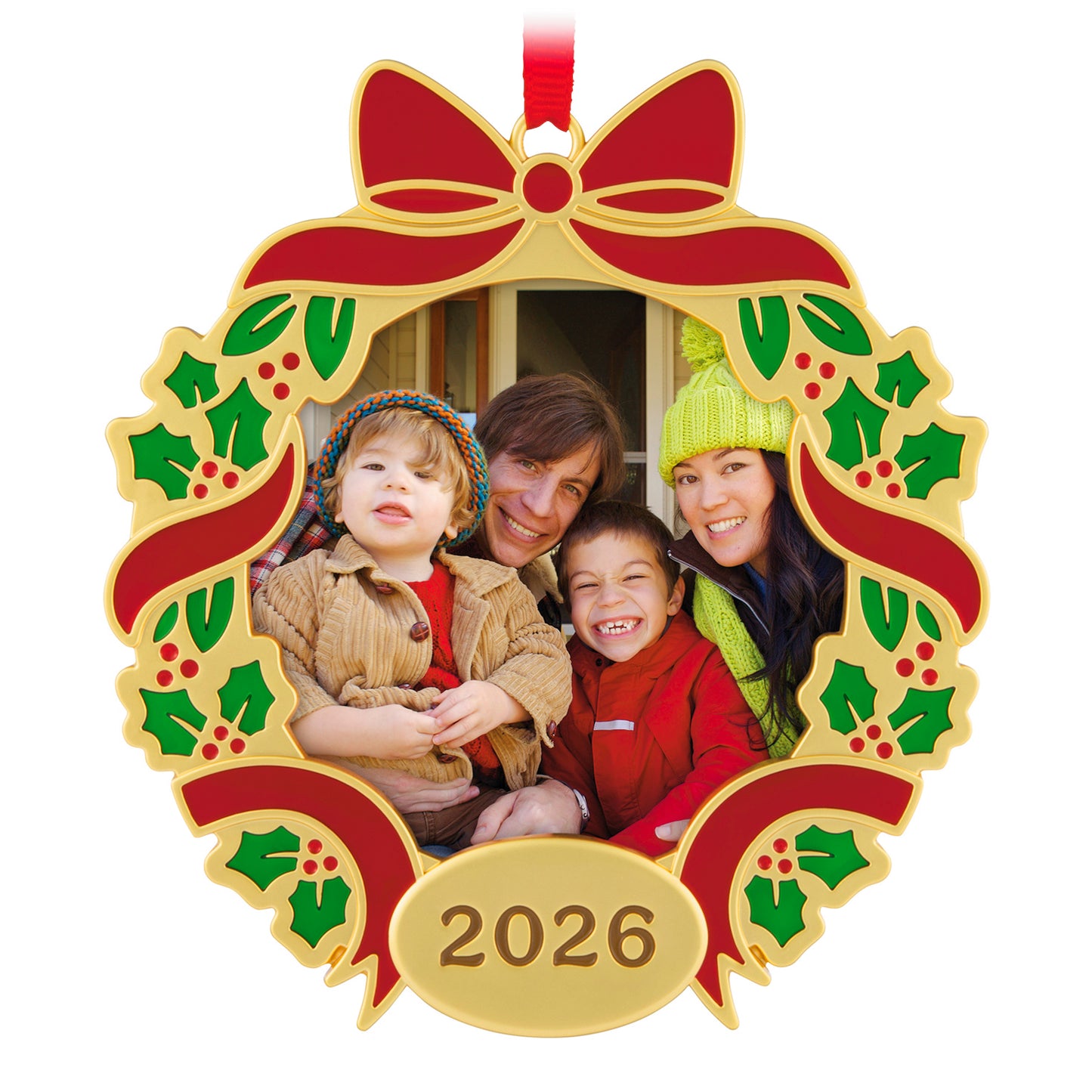 Our Family Christmas 2026 Photo Frame, Metal — 2026 Hallmark Keepsake Christmas Ornament, gold wreath design with bright colours and family photo