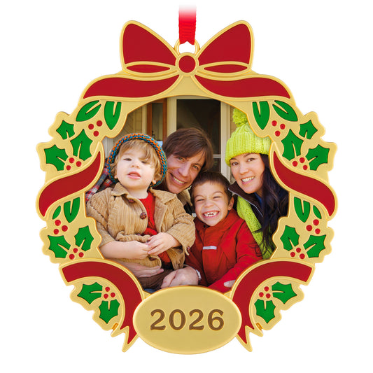 Our Family Christmas 2026 Photo Frame, Metal — 2026 Hallmark Keepsake Christmas Ornament, gold wreath design with bright colours and family photo