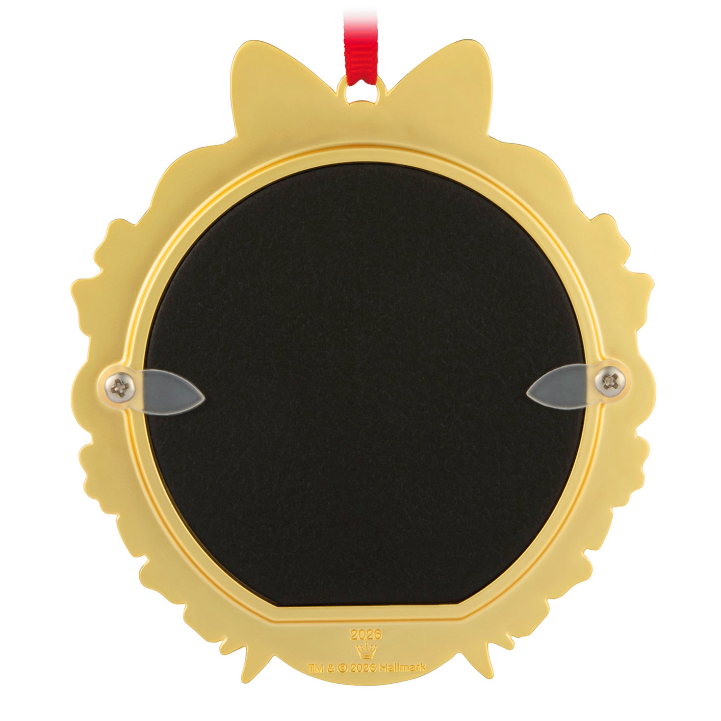 Our Family Christmas 2026 photo frame, metal, gold wreath design with black centre, perfect for displaying holiday memories.