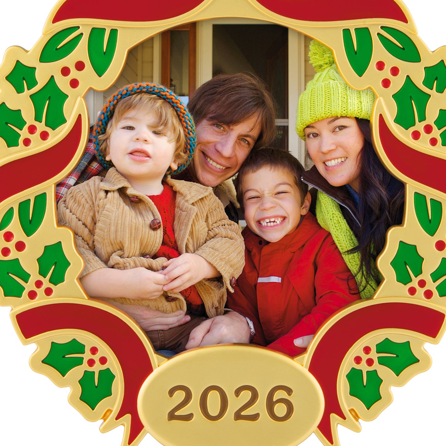Our Family Christmas 2026 Photo Frame, Metal — 2026 Hallmark Keepsake Christmas Ornament with family smiling and wearing festive outfits.