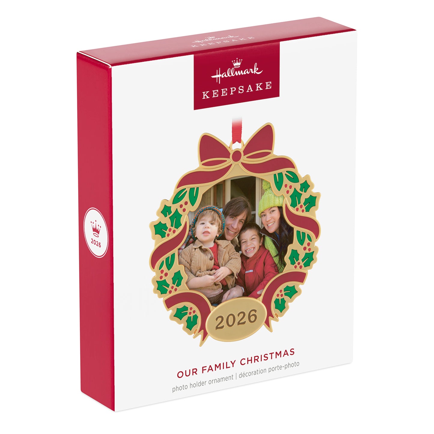 Our Family Christmas 2026 Photo Frame, Metal — 2026 Hallmark Keepsake Christmas Ornament, boxed decoration with vibrant wreath design.