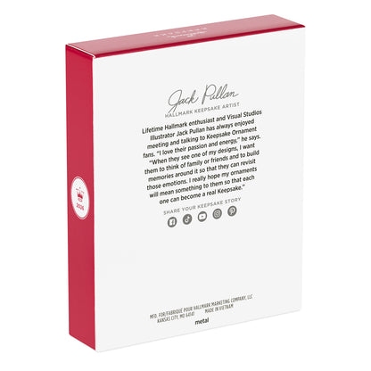 Our Family Christmas 2026 Photo Frame, Metal — 2026 Hallmark Keepsake Christmas Ornament, angled view of packaging with artist's details.