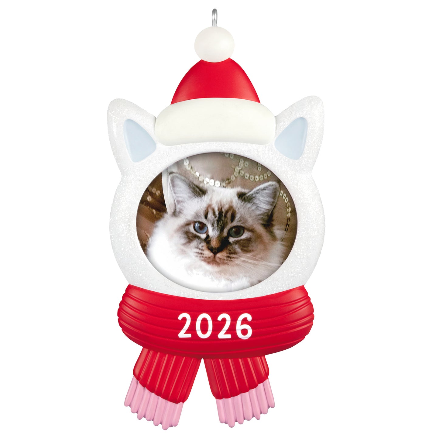 Snow Cat 2026 Photo Frame — 2026 Hallmark Keepsake Christmas Ornament with sparkly white kitty design and red hat, featuring a photo holder.