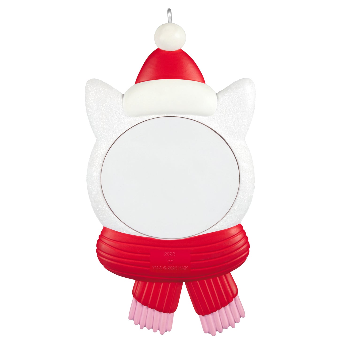 Snow Cat 2026 Photo Frame — 2026 Hallmark Keepsake Christmas Ornament featuring a white kitty cat head with a red hat and scarf, front view.