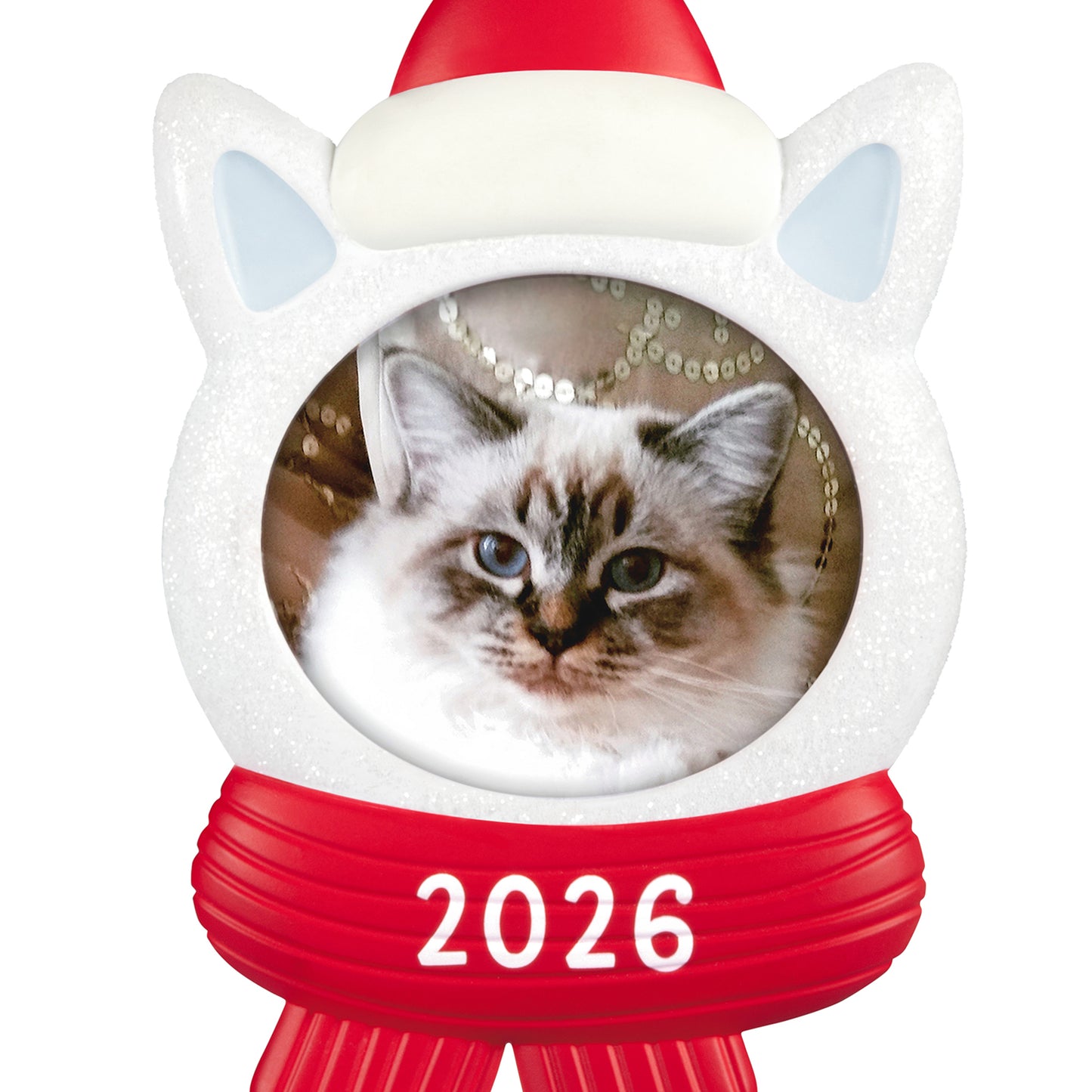 Snow Cat 2026 Photo Frame — 2026 Hallmark Keepsake Christmas Ornament featuring a fluffy white kitty with blue eyes in a sparkly cat-shaped holder.