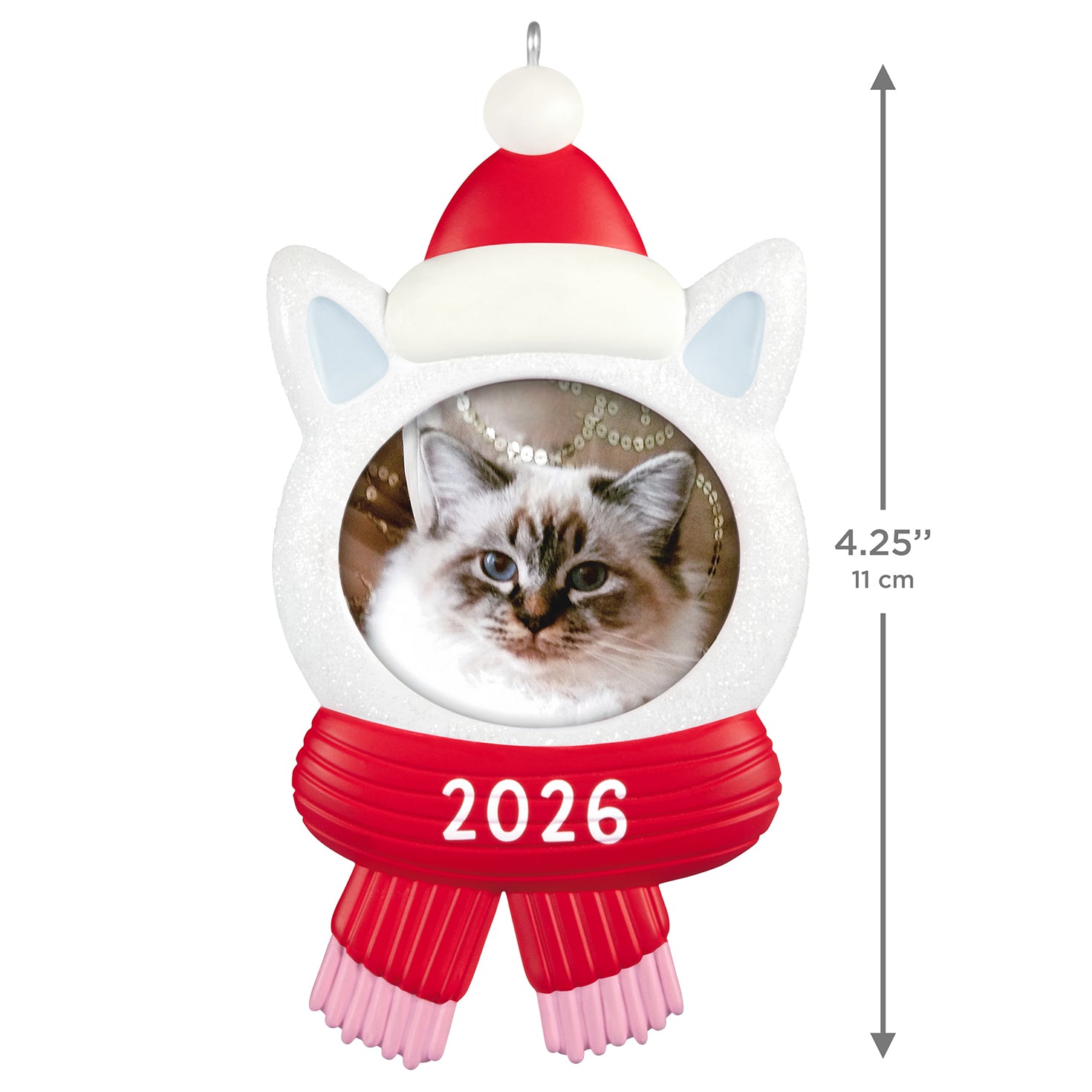 Snow Cat 2026 Photo Frame — 2026 Hallmark Keepsake Christmas Ornament with sparkly white kitty head and red hat, 11 cm tall.