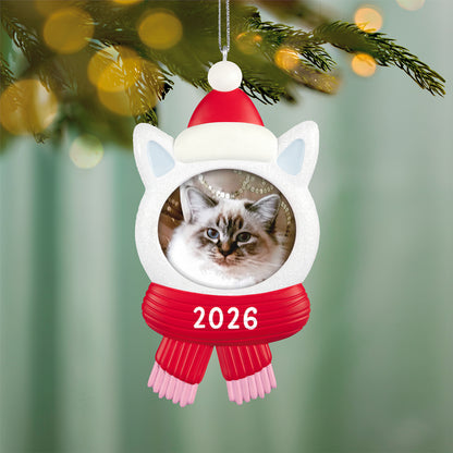 Snow Cat 2026 photo frame — 2026 Hallmark Keepsake Christmas ornament featuring a sparkly kitty head with a red hat and scarf, close-up view.