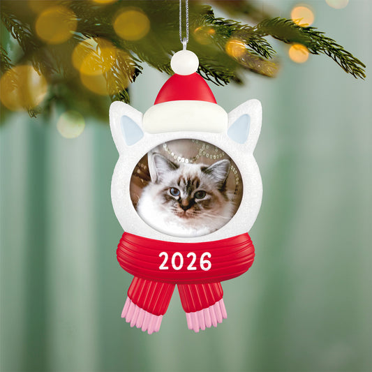 Snow Cat 2026 photo frame — 2026 Hallmark Keepsake Christmas ornament featuring a sparkly kitty head with a red hat and scarf, close-up view.