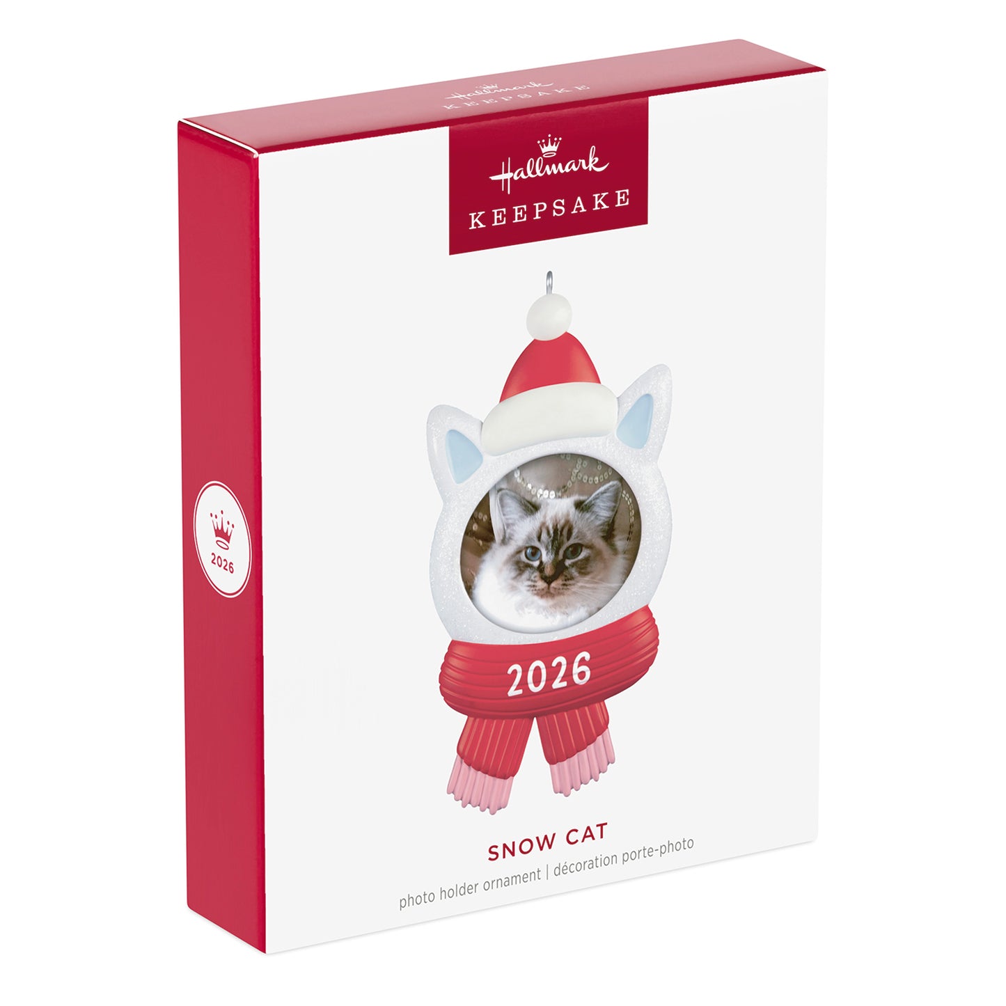 Snow Cat 2026 photo frame — 2026 Hallmark Keepsake Christmas Ornament in festive packaging with a red and white design.