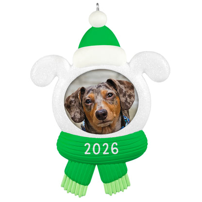 Snow Dog 2026 Photo Frame — 2026 Hallmark Keepsake Christmas Ornament in white and green featuring a dog's portrait and winter accessories.