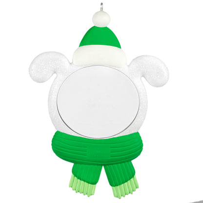 Snow Dog 2026 photo frame — 2026 Hallmark Keepsake Christmas ornament featuring a sparkly dog design with a green hat and scarf, front view.