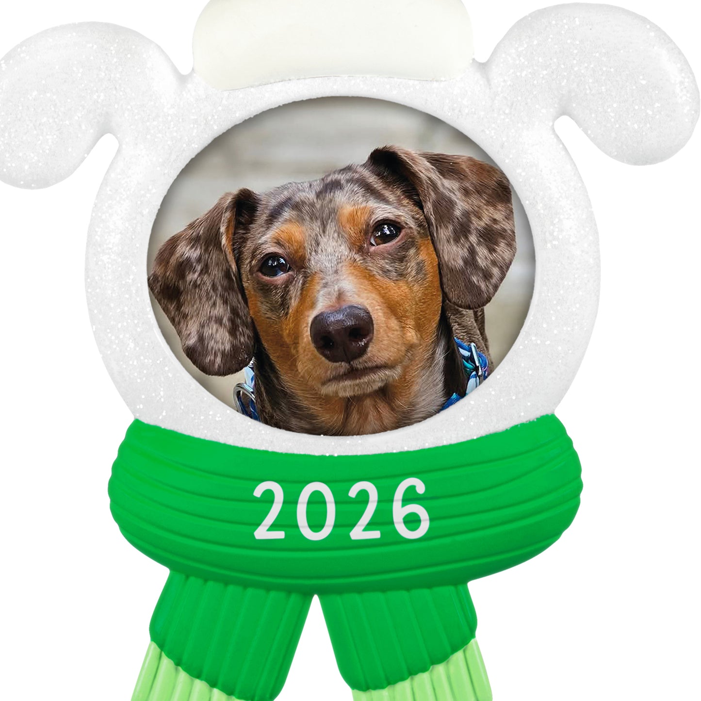 Snow Dog 2026 photo frame — 2026 Hallmark Keepsake Christmas Ornament, featuring a sparkly dog head with green scarf detail.
