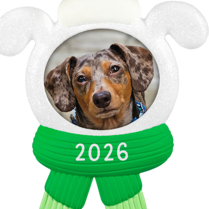 Snow Dog 2026 photo frame — 2026 Hallmark Keepsake Christmas Ornament, featuring a sparkly dog head with green scarf detail.