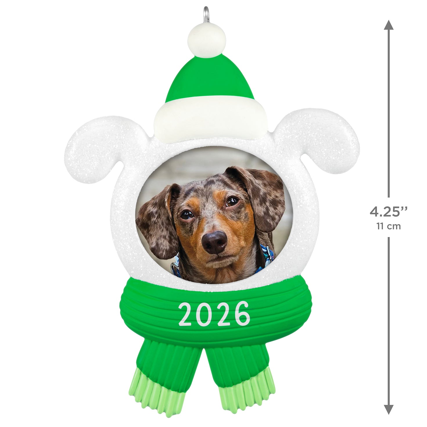Snow Dog 2026 Photo Frame — 2026 Hallmark Keepsake Christmas Ornament, sparkly design, featuring a dog photo holder with a green scarf.