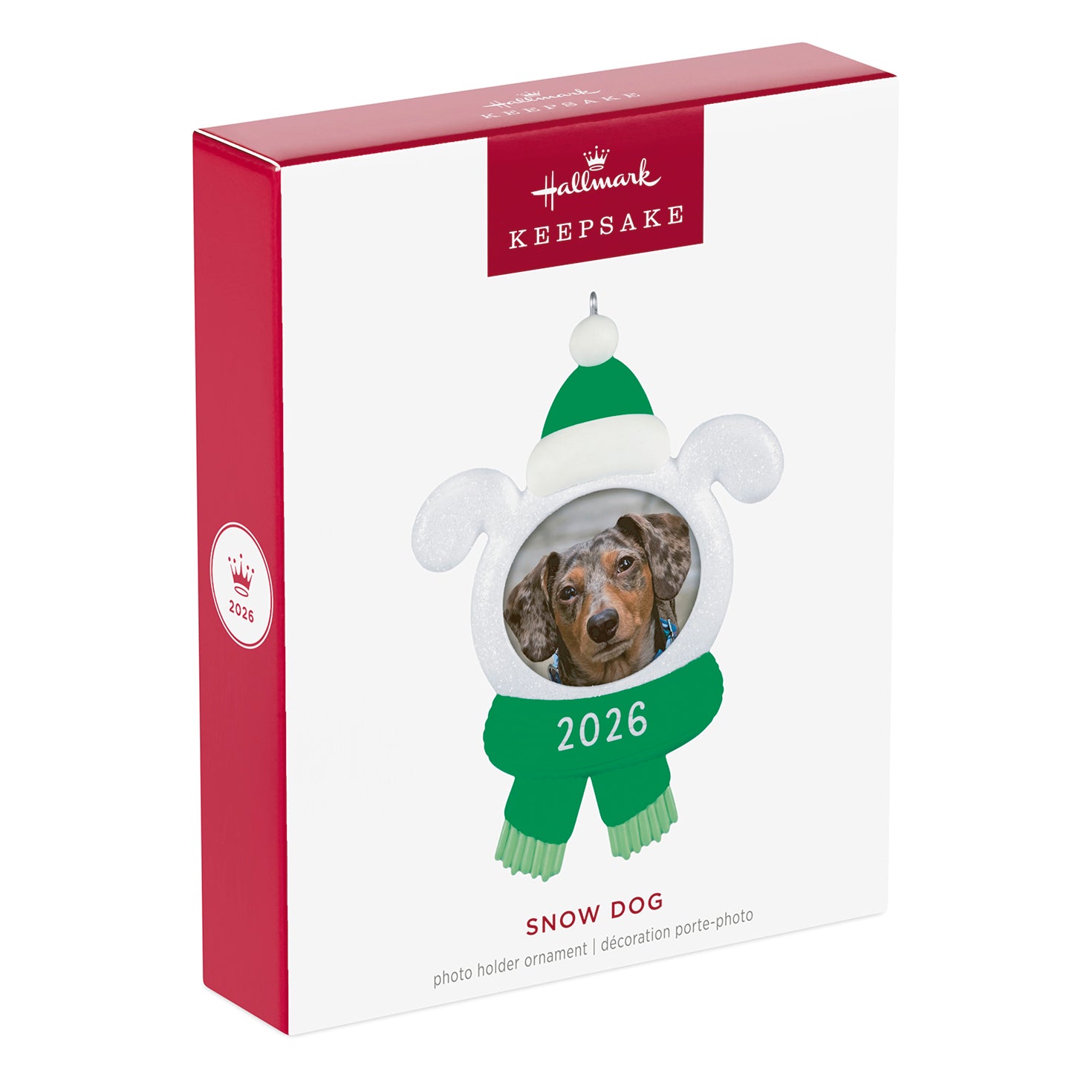 Snow Dog 2026 Photo Frame — 2026 Hallmark Keepsake Christmas Ornament in gift packaging, featuring a cute dog design and festive colours.