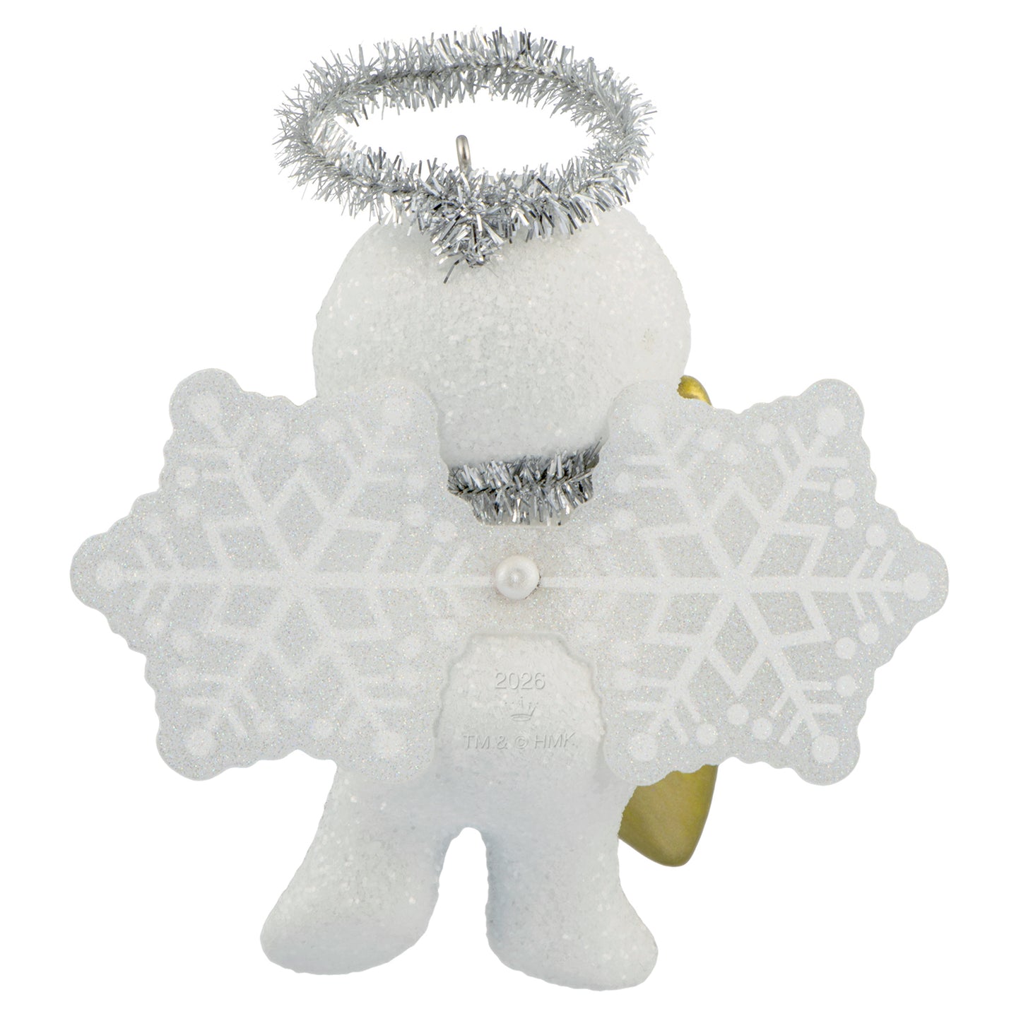 Godchild Snow Angel 2026 — 2026 Hallmark Keepsake Christmas Ornament featuring snowflake wings, silver halo, and gold star detail on a white angel figurine.