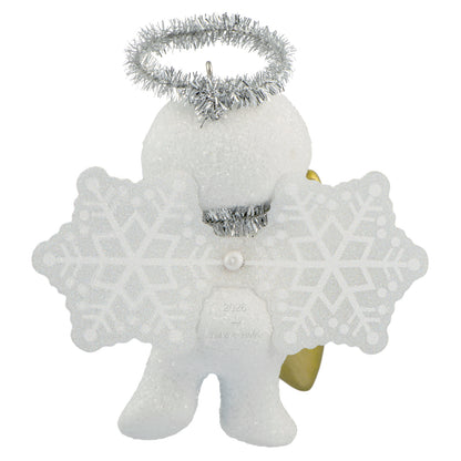 Godchild Snow Angel 2026 — 2026 Hallmark Keepsake Christmas Ornament featuring snowflake wings, silver halo, and gold star detail on a white angel figurine.