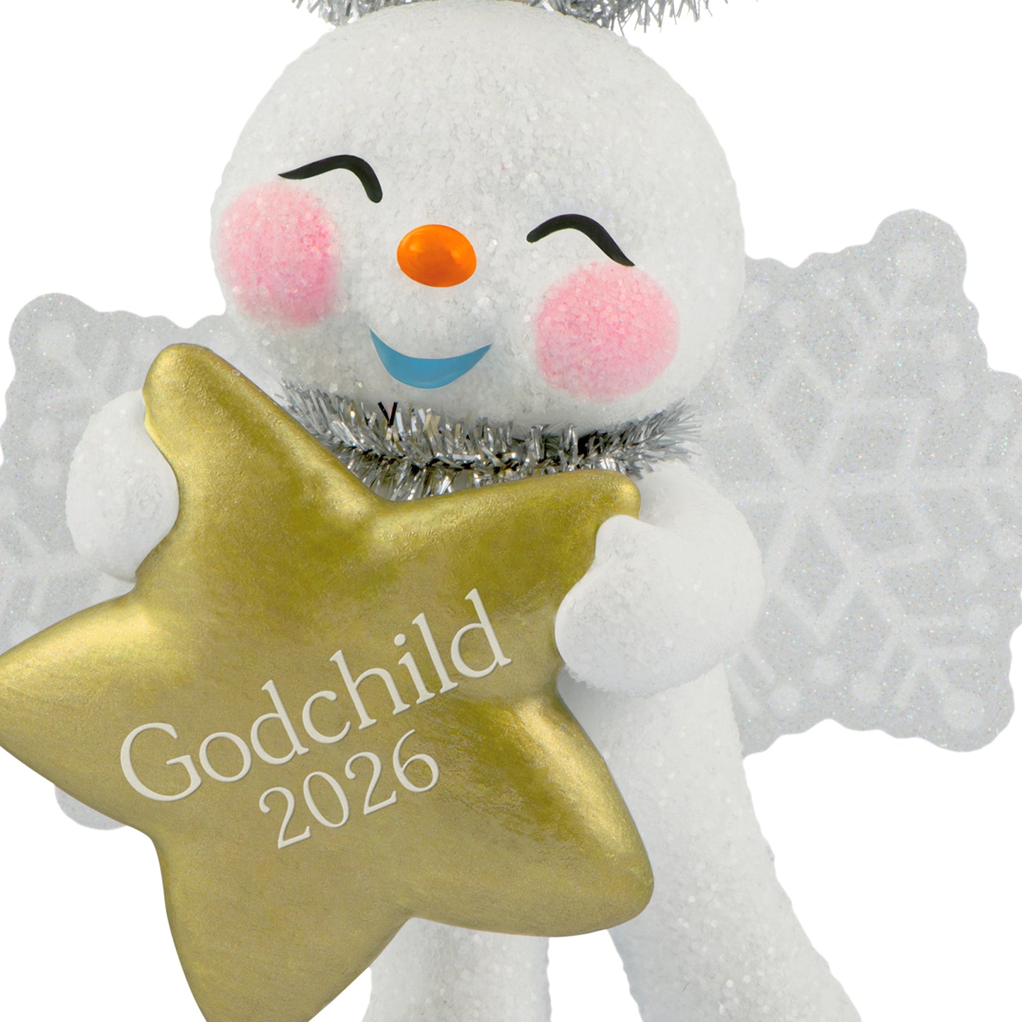 Godchild Snow Angel 2026 — 2026 Hallmark Keepsake Christmas Ornament, snow angel with snowflake wings holding a gold star.