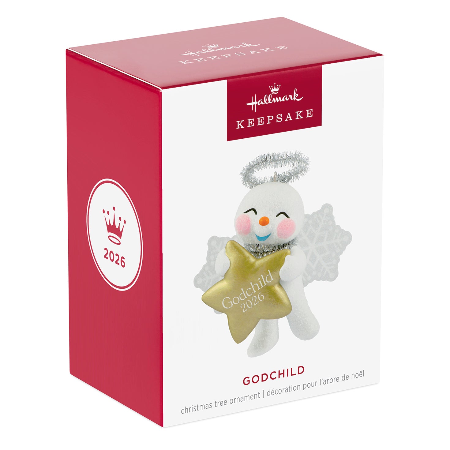 Godchild Snow Angel 2026 — 2026 Hallmark Keepsake Christmas Ornament in festive packaging, featuring a smiling snow angel with snowflake wings.