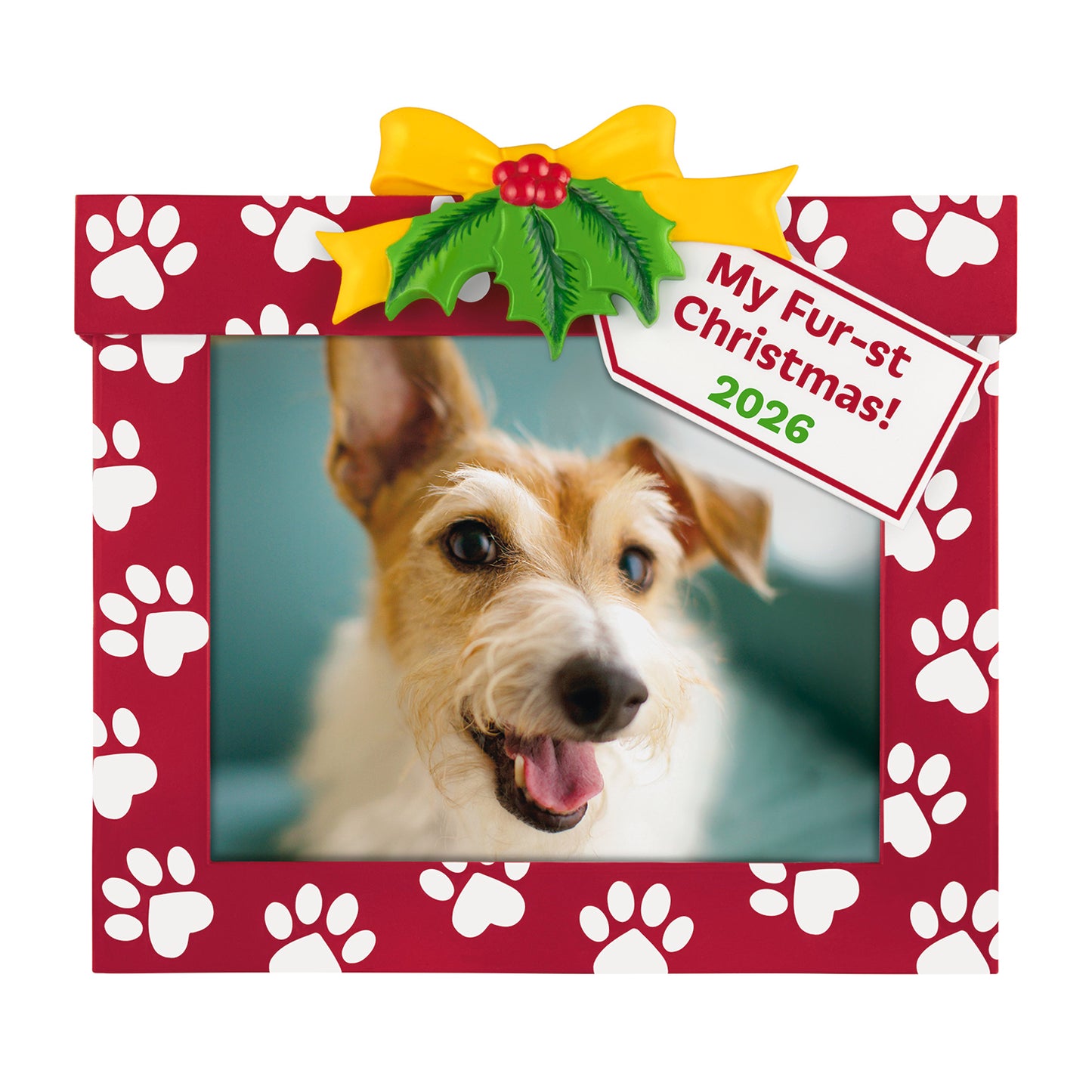 My Fur-st Christmas 2026 Photo Frame — 2026 Hallmark Keepsake Christmas Ornament, featuring a red present design with paw prints and holly.