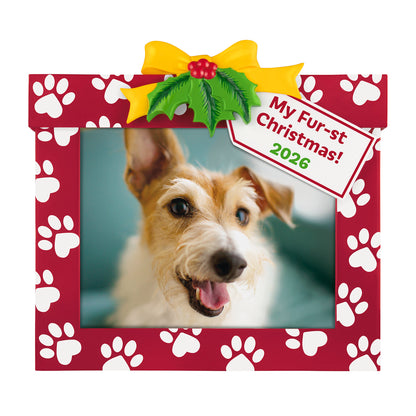 My Fur-st Christmas 2026 Photo Frame — 2026 Hallmark Keepsake Christmas Ornament, featuring a red present design with paw prints and holly.