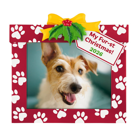 My Fur-st Christmas 2026 Photo Frame — 2026 Hallmark Keepsake Christmas Ornament, featuring a red present design with paw prints and holly.
