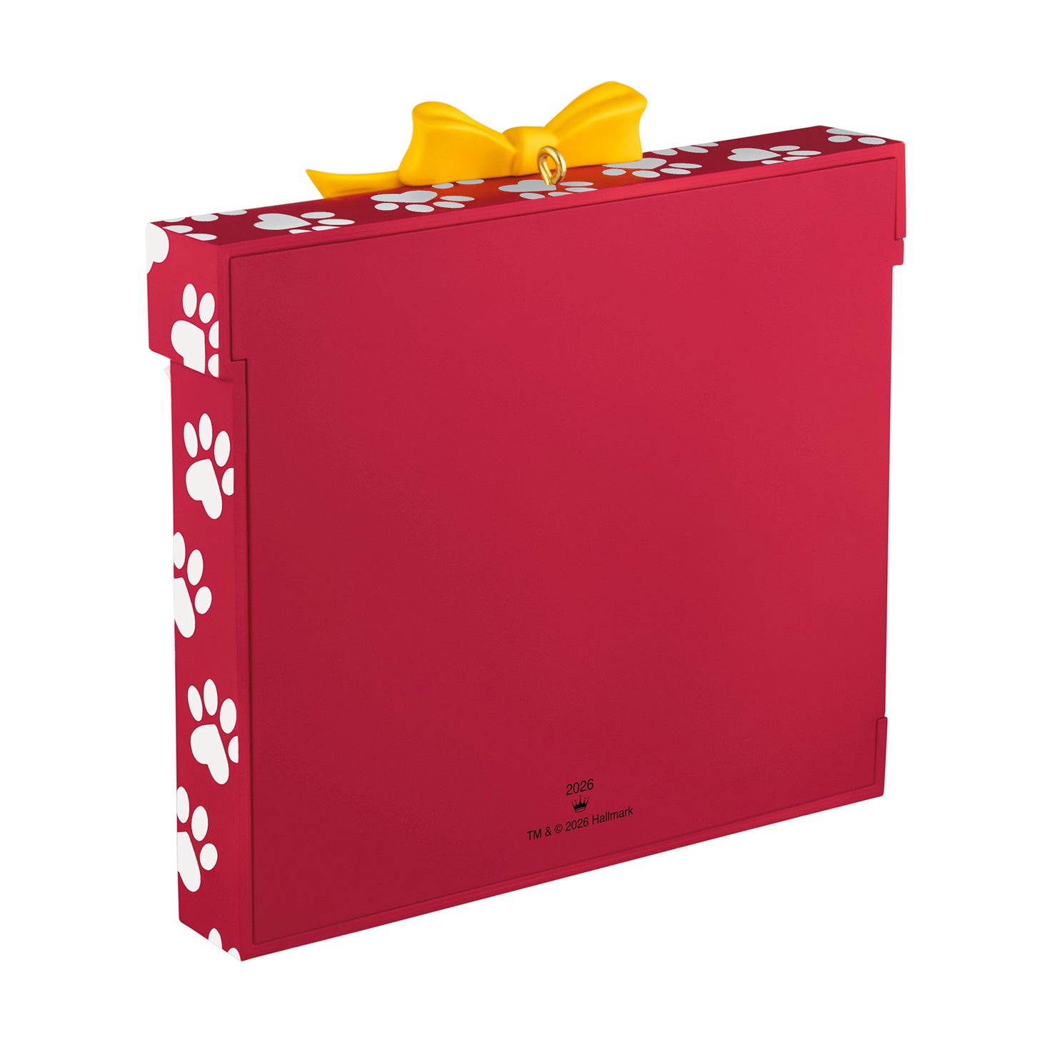 My Fur-st Christmas 2026 Photo Frame — 2026 Hallmark Keepsake Christmas Ornament in red with paw print design and yellow bow, flat lay