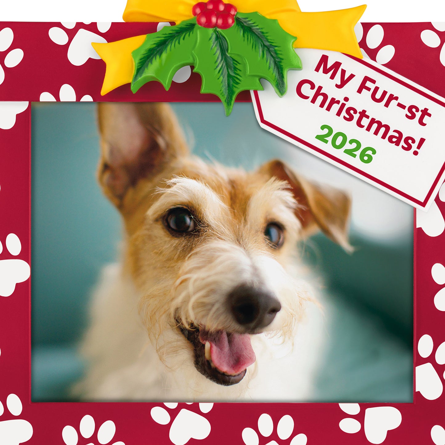 My Fur-st Christmas 2026 Photo Frame — 2026 Hallmark Keepsake Christmas Ornament with paw prints and festive bow, featuring a happy dog.