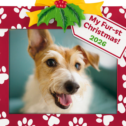 My Fur-st Christmas 2026 Photo Frame — 2026 Hallmark Keepsake Christmas Ornament with paw prints and festive bow, featuring a happy dog.