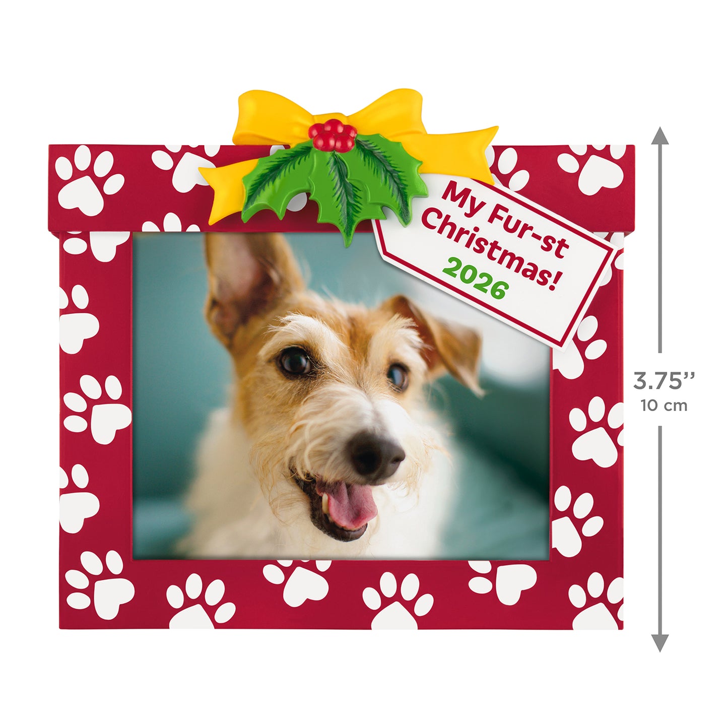 My Fur-st Christmas 2026 photo frame featuring red and white paw prints with a yellow bow and pet photo opening, 10 cm.