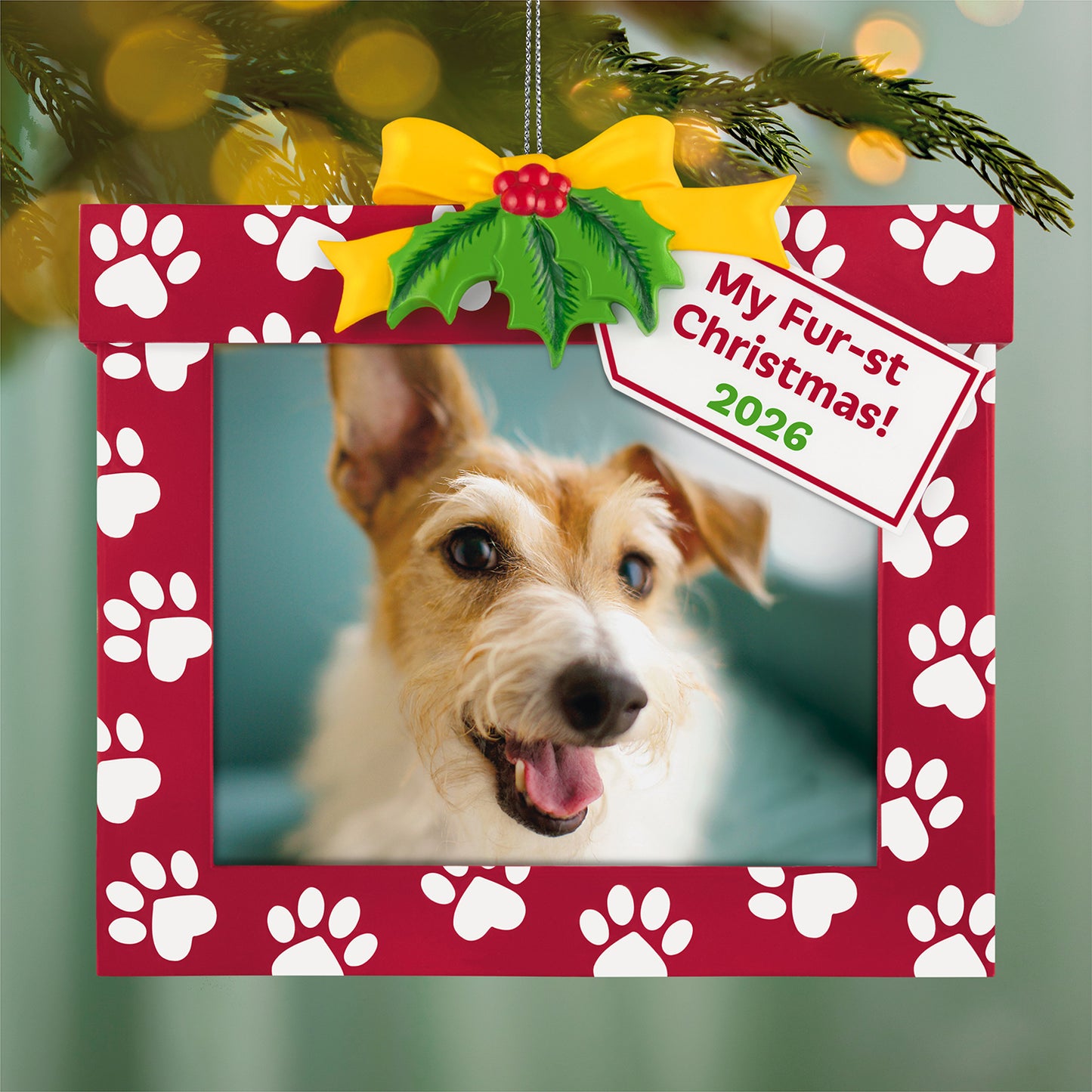 My Fur-st Christmas 2026 Photo Frame — 2026 Hallmark Keepsake Christmas Ornament in a festive red design with paw prints and holly.
