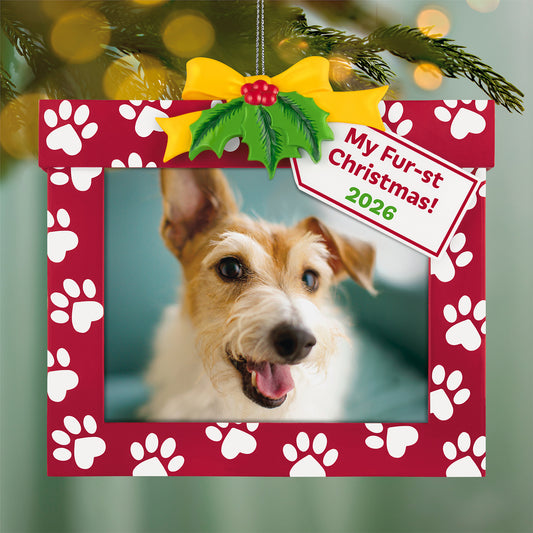 My Fur-st Christmas 2026 Photo Frame — 2026 Hallmark Keepsake Christmas Ornament in a festive red design with paw prints and holly.