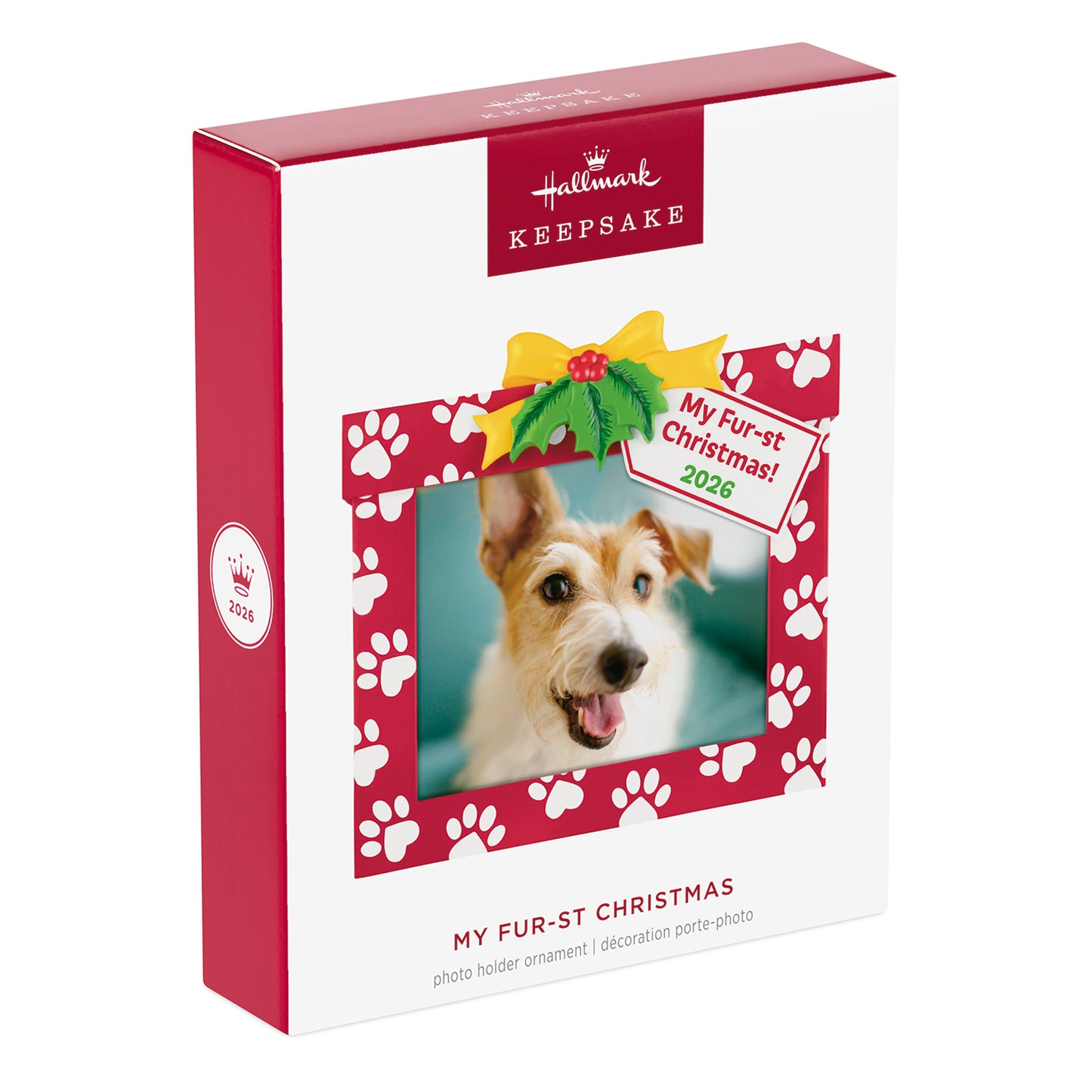 My Fur-st Christmas 2026 Photo Frame — 2026 Hallmark Keepsake Christmas Ornament in vibrant red with paw prints and a cheerful yellow bow.