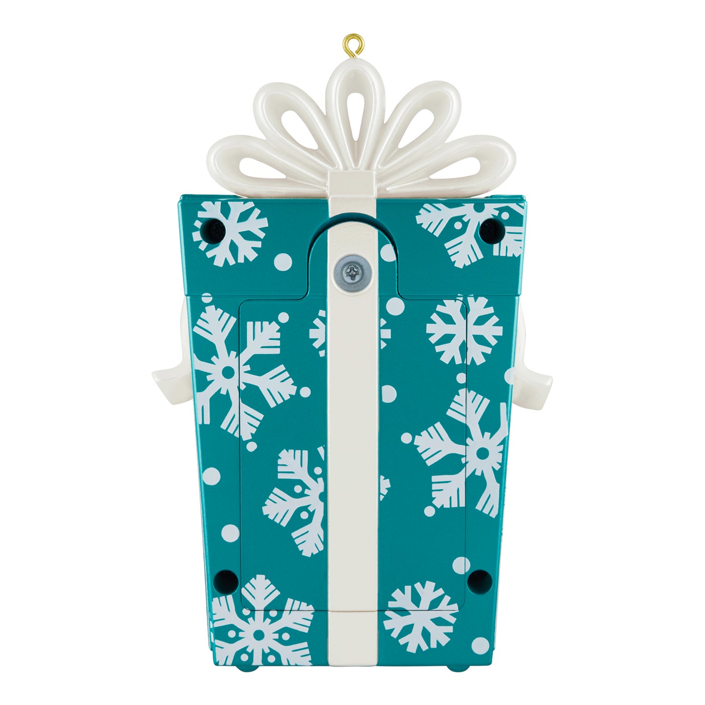 Toy Soldier Musical With Motion — 2026 Hallmark Keepsake Christmas Ornament, blue present with white snowflake patterns and a bow, close up view