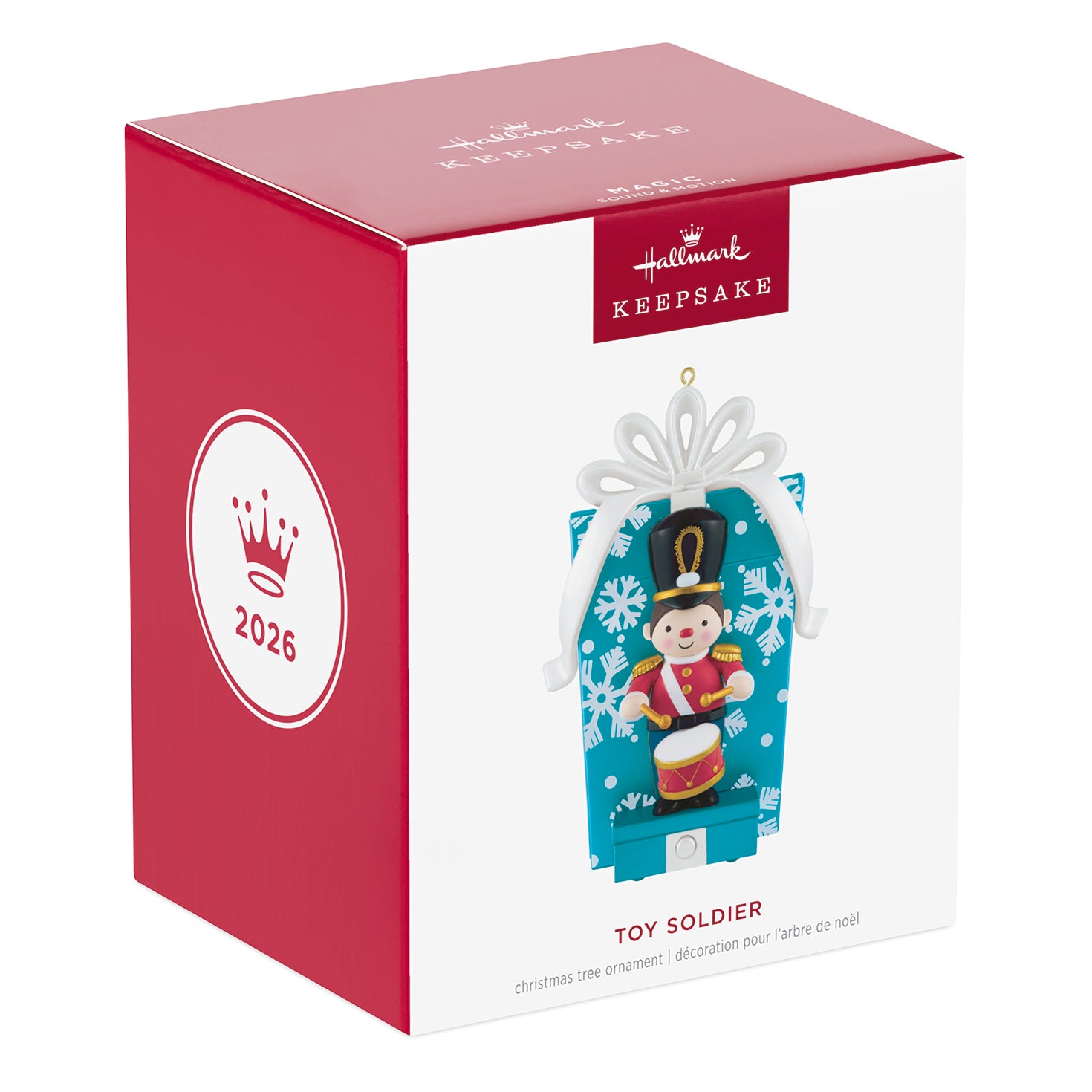 Toy soldier musical with motion — 2026 Hallmark Keepsake Christmas ornament in gift packaging featuring snowflakes and vibrant colours.