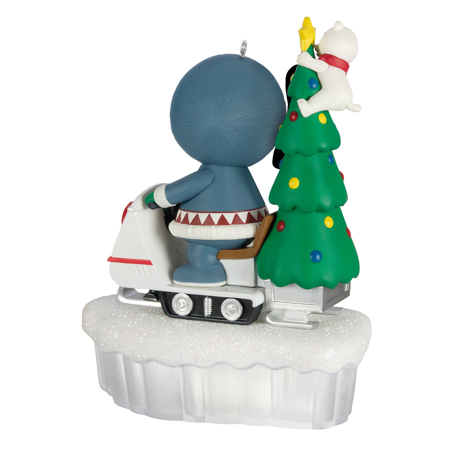 Frosty Friends Tree Delivery With Light — 2026 Hallmark Keepsake Christmas Ornament on a snowmobile carrying a Christmas tree with lights.