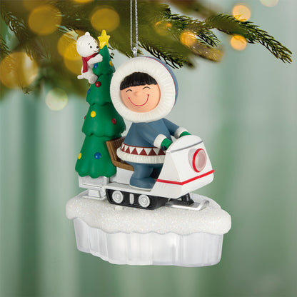Frosty Friends Tree Delivery With Light — 2026 Hallmark Keepsake Christmas Ornament, smiling child on snowmobile with decorated tree, festive design.