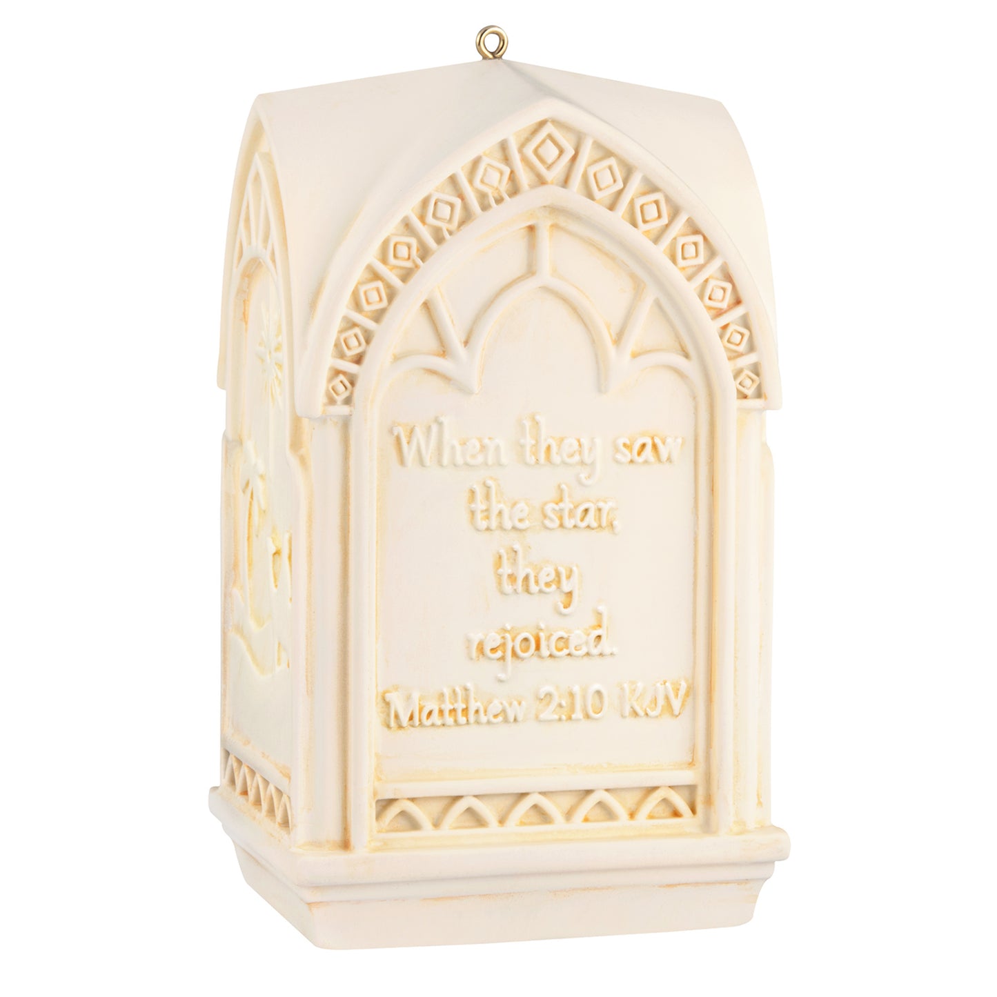 The Light of the World — 2026 Hallmark Keepsake Christmas Ornament, cream-coloured church steeple design with embossed scripture detail.