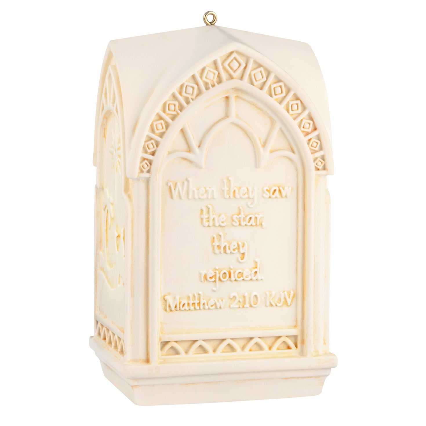 The Light of the World — 2026 Hallmark Keepsake Christmas Ornament, cream-coloured church steeple design with embossed scripture detail.