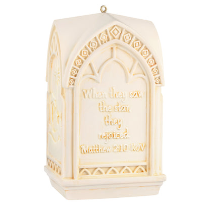 The Light of the World — 2026 Hallmark Keepsake Christmas Ornament, cream-coloured church steeple design with embossed scripture detail.