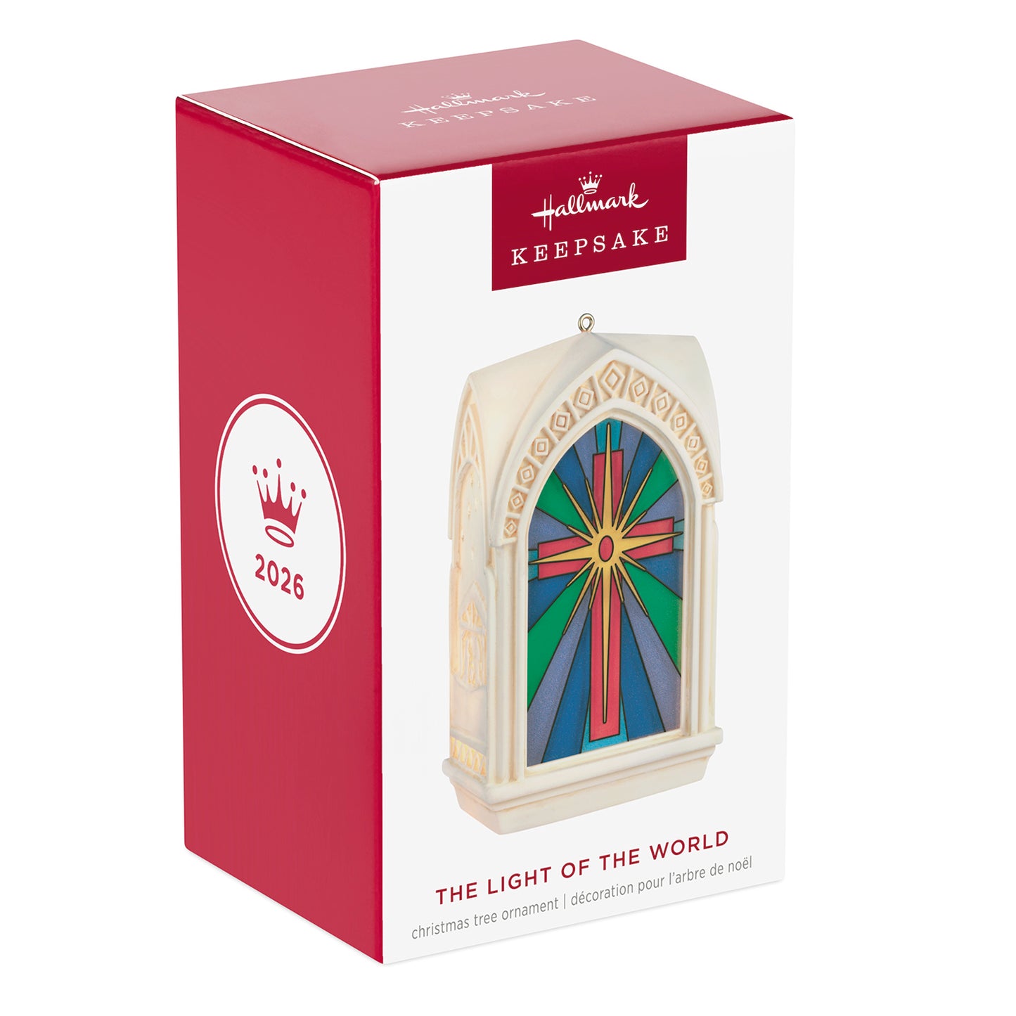 The Light of the World — 2026 Hallmark Keepsake Christmas Ornament packaging box featuring a church steeple and vibrant stained-glass design.